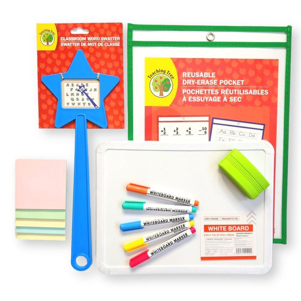 Homeschool supply kit: white board, dry erase reusable pocket, white board markers, wand selector, post-its