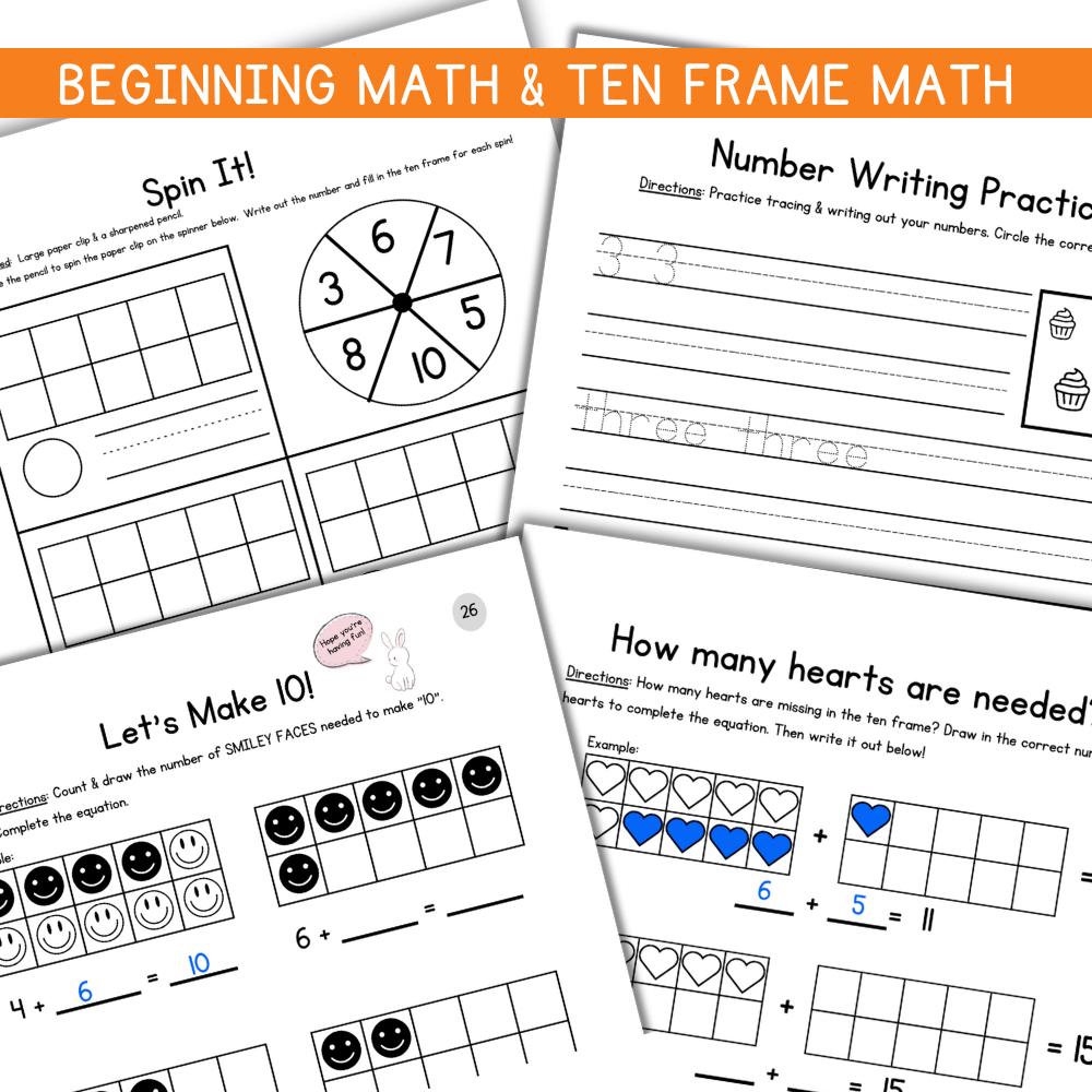 Beginning Math & Ten Frame Math Worksheets, Kindergarten Math Addition & Subtraction Worksheets by Little Bud Kids