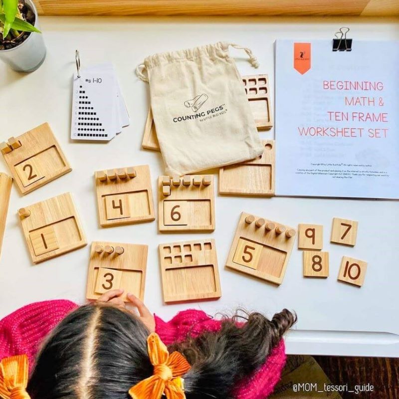 Girl Playing with Little Bud Kids Counting Pegs Ten Frame Math Set