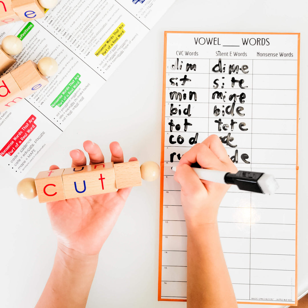 Hands-on silent E phonics activity with rotating word-building blocks and vowel worksheet for teaching CVC, CVCe, and nonsense words; ideal for early literacy, spelling practice, and long vowel recognition.