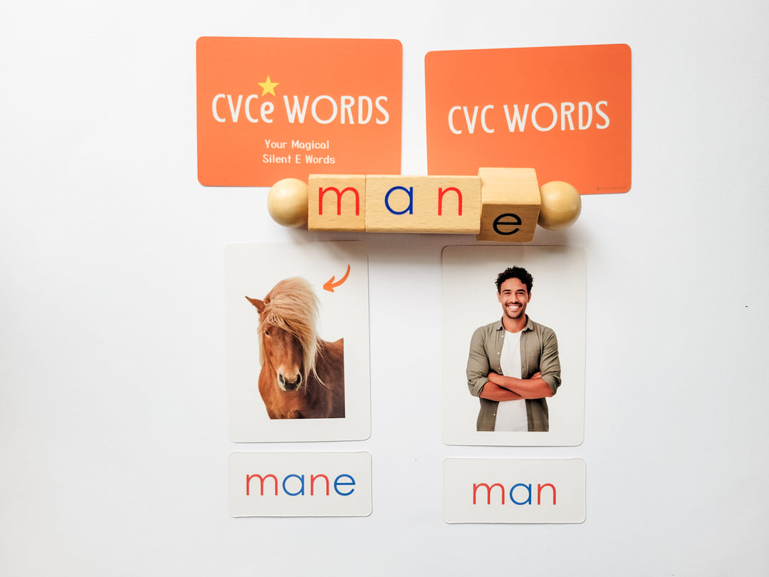 Man vs. mane flashcards with wooden blocks and illustrated cards teaching CVC and silent E word transformation through visual comparison and phonics-based literacy tools.