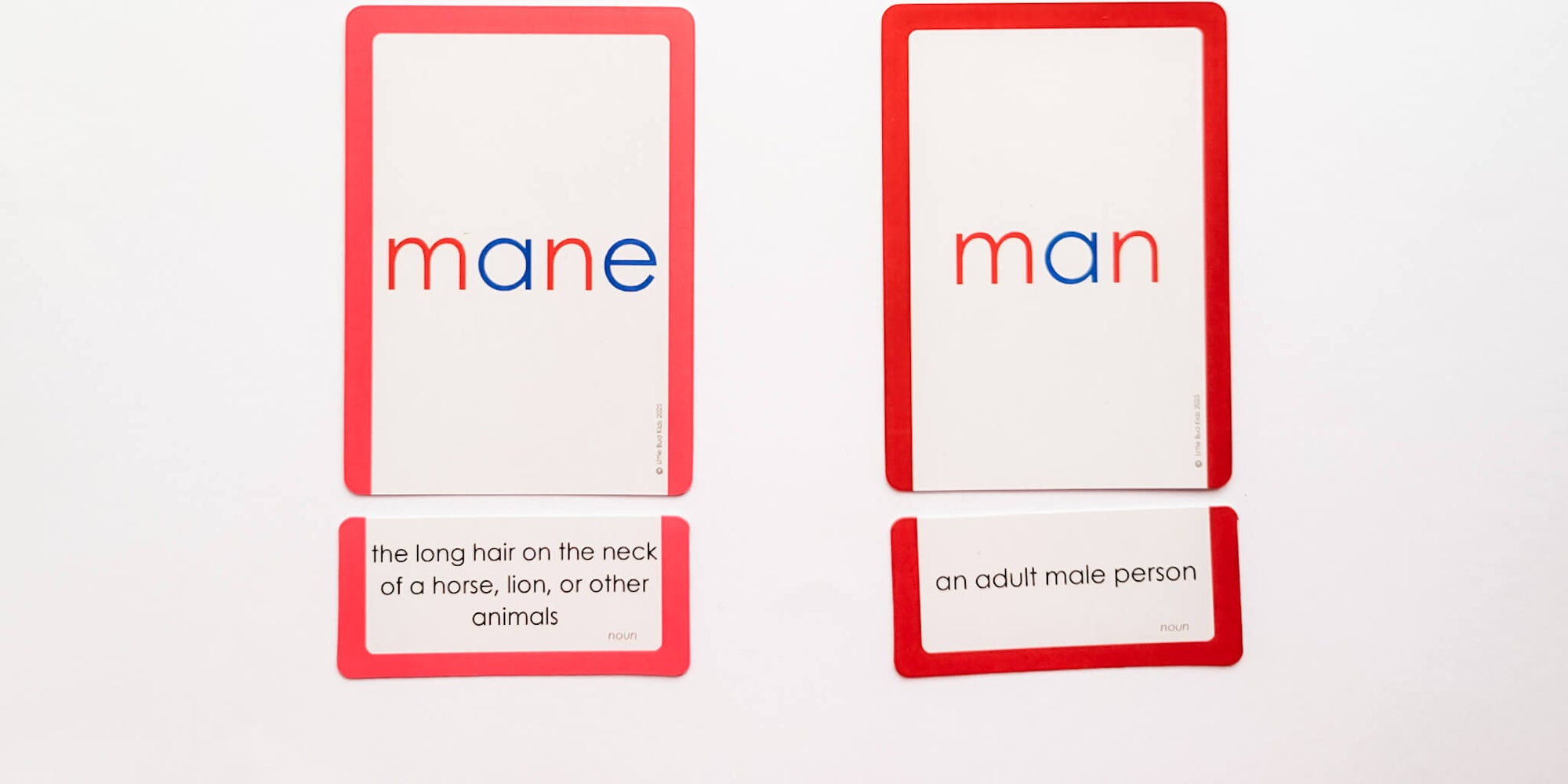 Mane and man flashcards for phonics and vocabulary instruction, featuring color-coded letters and definitions to teach homophones, silent E word recognition, and early literacy skills.
