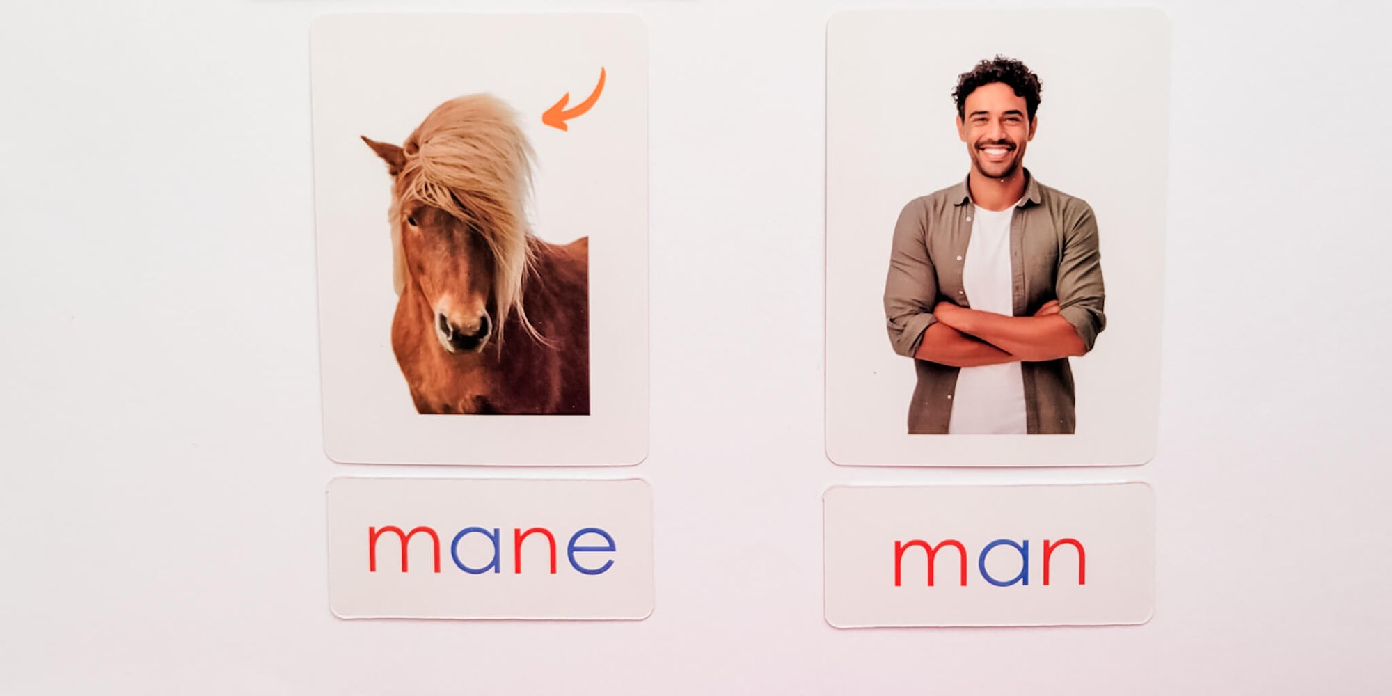 Mane vs. man homophone flashcards with illustrated visuals a horse’s mane and a standing man designed for phonics practice, silent E recognition, and vocabulary development.