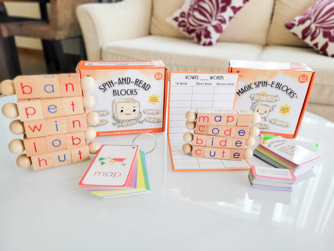 Wooden builder blocks for phonics learning and reading practice. CVC and CVCe material for beginner readers.