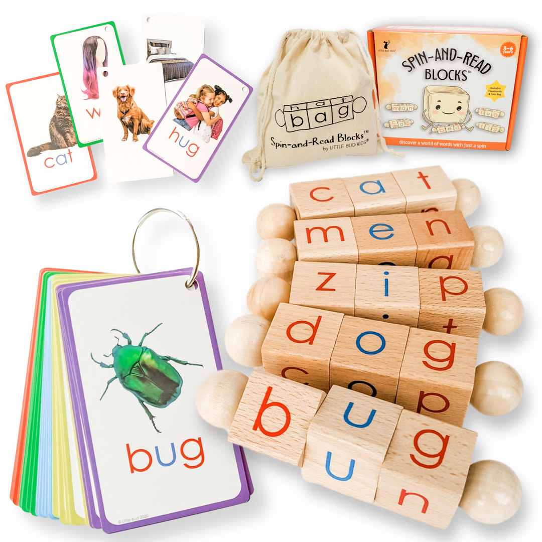 Spin-and-Read Phonetic Reading Blocks & CVC Flashcard Set || A Phonics Toy for the Beginner Reader - Little Bud Kids