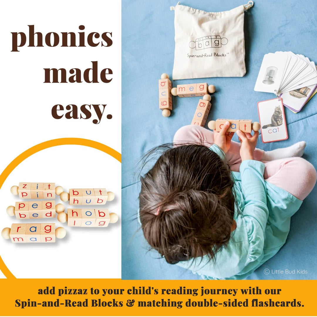 Spin-and-Read Phonetic Reading Blocks & CVC Flashcard Set || A Phonics Toy for the Beginner Reader - Little Bud Kids