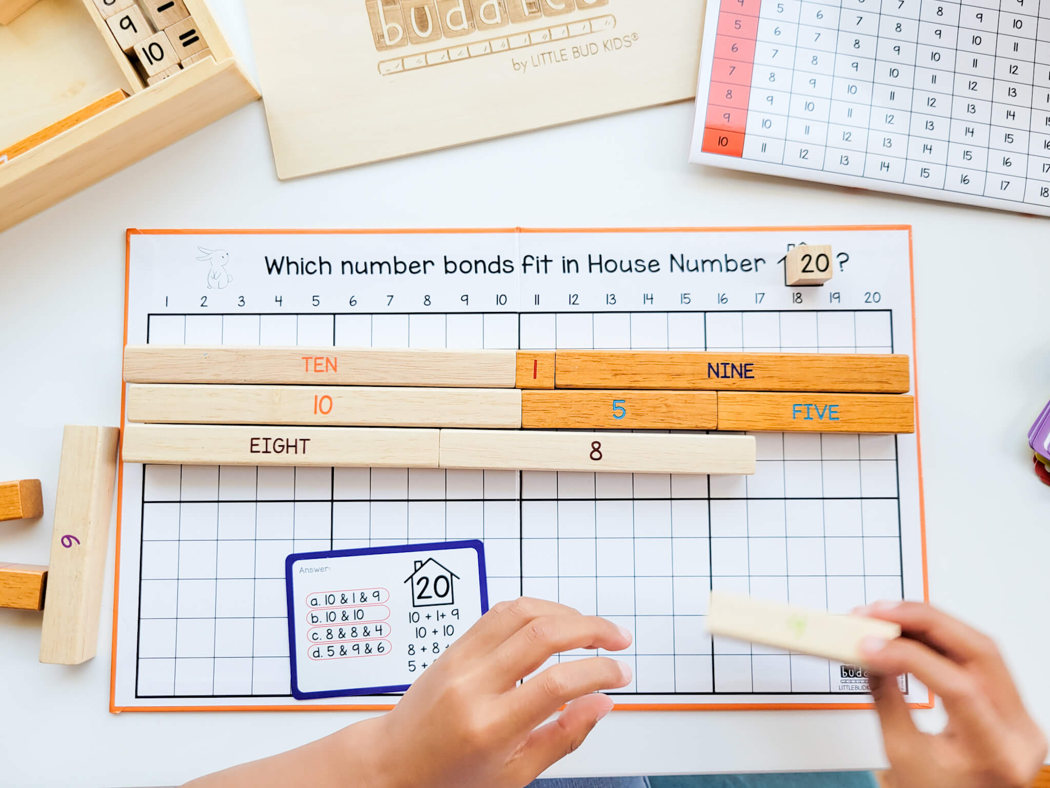 Girl playing with House of Number Buddies Wooden Number Rods Number Bonds Game