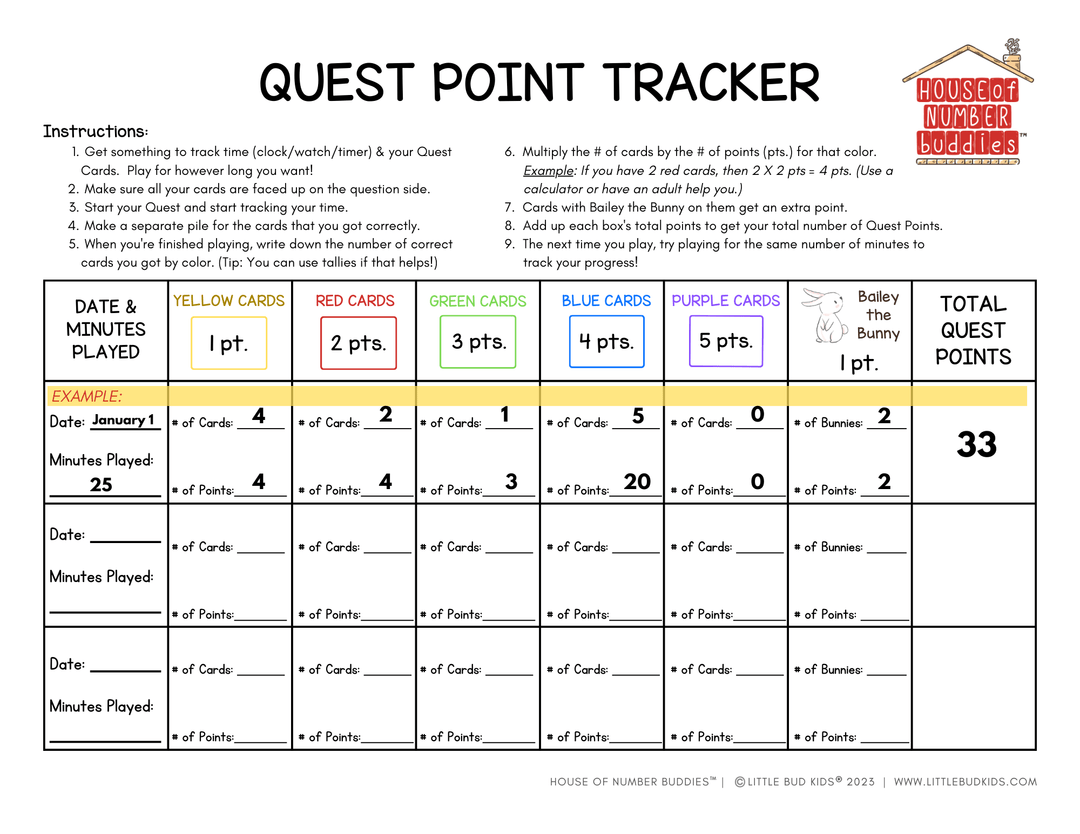 Quest Point Sheet Tracker for House of Number Buddies Math Bonds Game