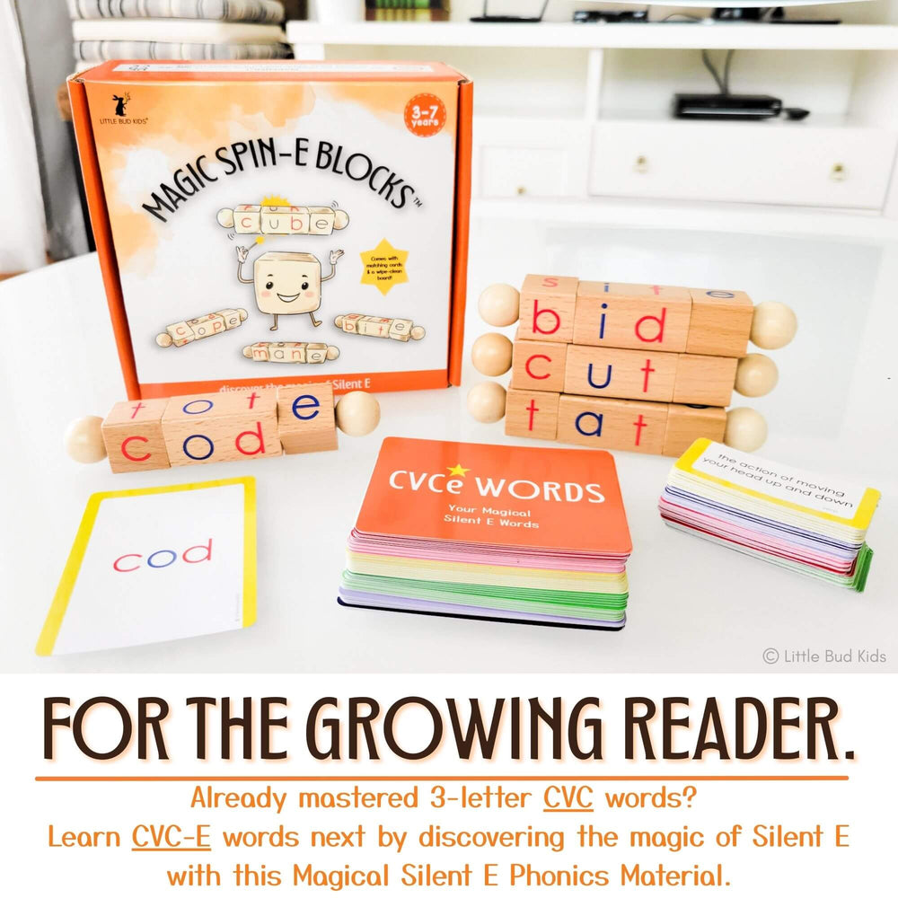 Montessori-inspired phonics learning set featuring wooden phonics blocks, flashcards, and manipulatives designed to teach CVC and CVCe (silent E) words. Perfect for kids ages 3–7, these eco-friendly, non-toxic early reading toys support literacy development, reading fluency, and comprehension.