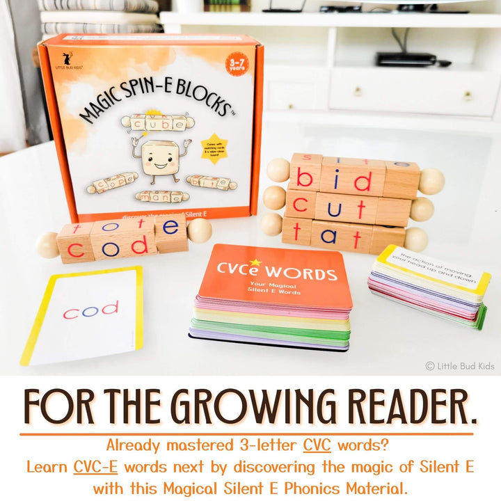 Montessori-inspired phonics learning set featuring wooden phonics blocks, flashcards, and manipulatives designed to teach CVC and CVCe (silent E) words. Perfect for kids ages 3–7, these eco-friendly, non-toxic early reading toys support literacy development, reading fluency, and comprehension.