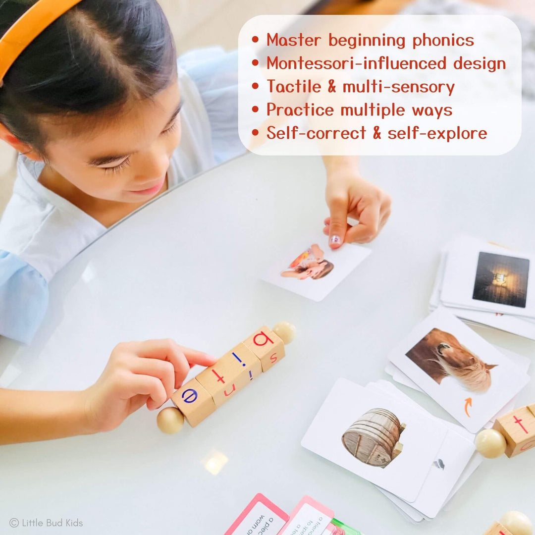 A child engages with Montessori-inspired phonics toys, using wooden phonics blocks and flashcards to build CVCe (silent E) words like “bite.” These eco-friendly, multi-sensory phonics manipulatives support early reading, literacy development, and self-directed learning for ages 4–6