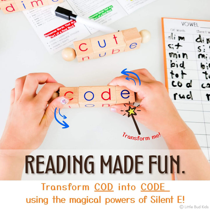 Montessori phonics learning set with eco-friendly wooden blocks and manipulatives transforms the CVC word "COD" into the silent E word "CODE," ideal for practicing long vowel sounds. Includes phonics flashcards, early reading toys, and literacy tools designed for preschool to kindergarten learners ages 4–6.