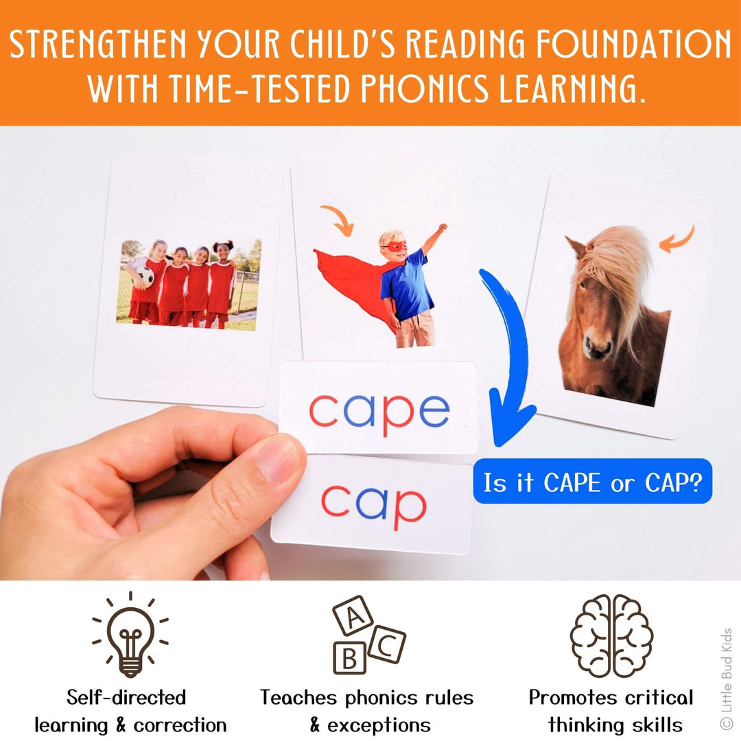 Time-tested phonics learning cards help children distinguish silent E words like “cape” from CVC words like “cap,” reinforcing phonics rules and exceptions for stronger reading foundations. These Montessori reading toys promote critical thinking, reading fluency, and self-directed literacy development for preschool to kindergarten learners ages 4–6.