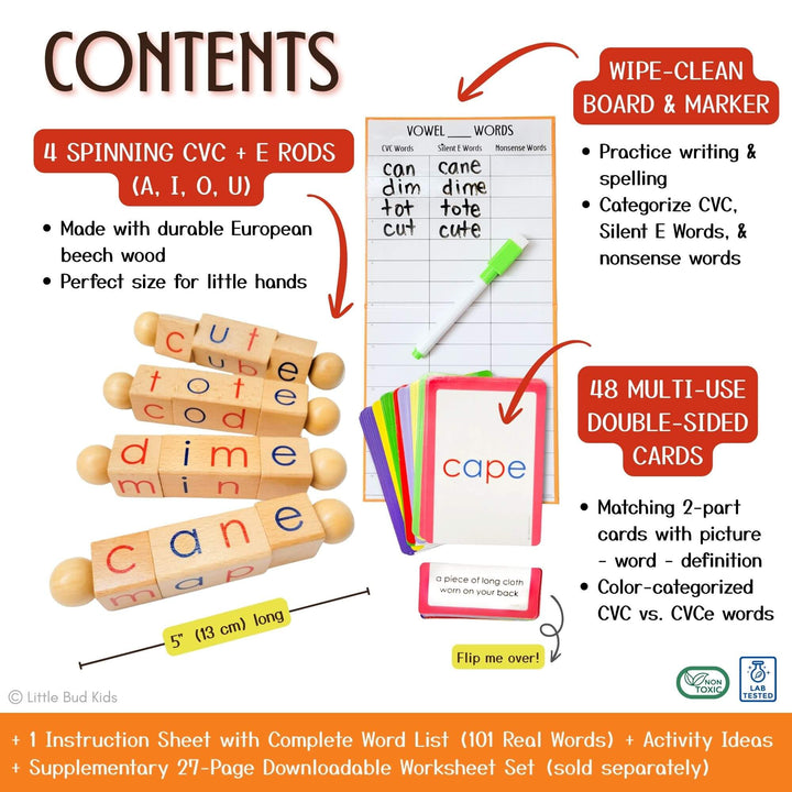 Phonics learning set includes four spinning wooden CVC + E rods with vowels A, I, O, U, wipe-clean board with marker, color-coded flashcards, and an activity sheet—designed for silent E, CVCe, and nonsense word mastery. These Montessori educational toys support reading fluency and literacy development for preschool to kindergarten kids ages 4–6 using safe, non-toxic, and durable manipulatives.