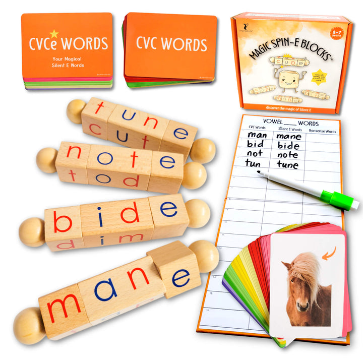 A Montessori-inspired phonics learning set featuring eco-friendly, non-toxic wooden phonics blocks, flashcards, and manipulatives for teaching CVCe, silent E, and long vowel words. Ideal for ages 4–6, these early reading toys support literacy development, reading fluency, and comprehension.