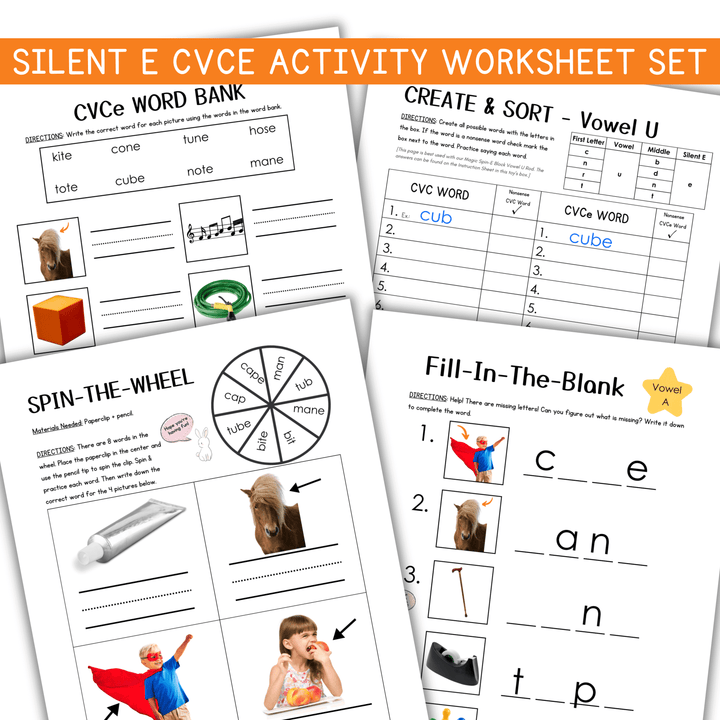 Silent E CVCE worksheets: word matching, vowel sorting spinner activity and fill-in-the-blank practice.