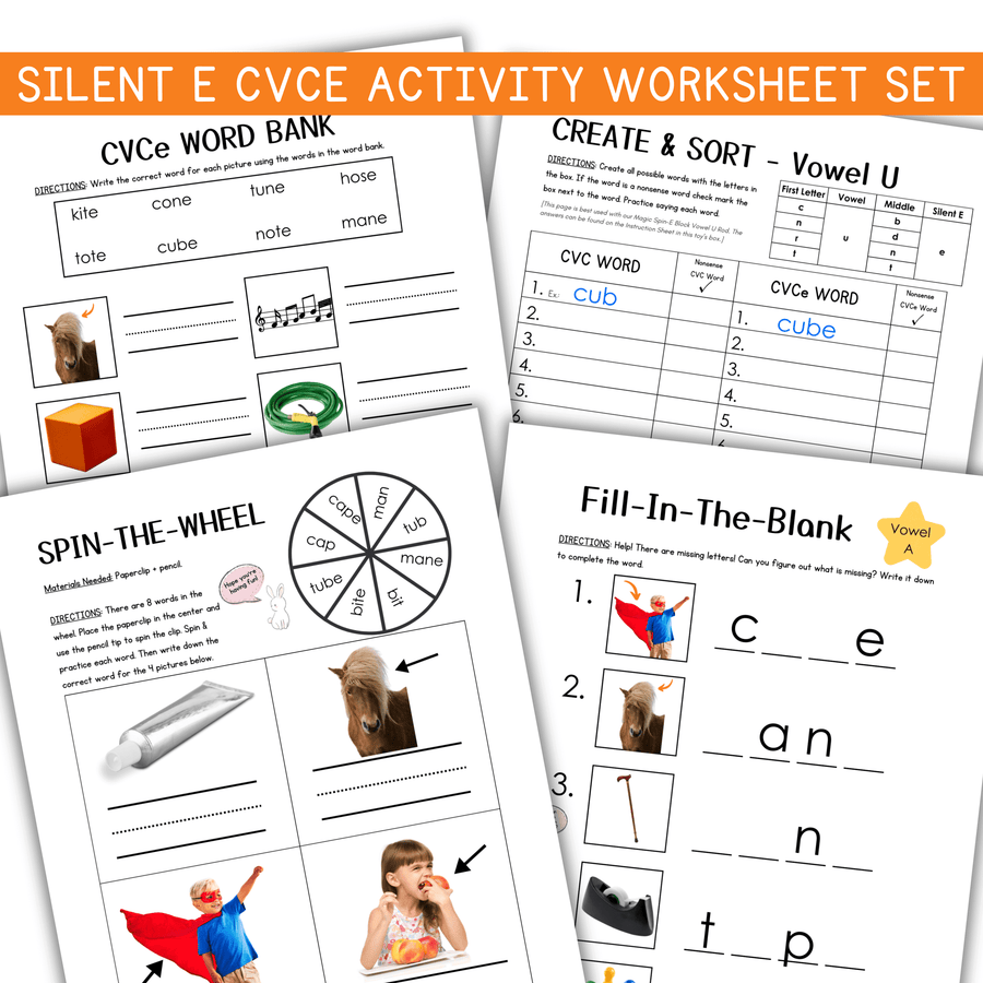 Silent E CVCE worksheets: word matching, vowel sorting spinner activity and fill-in-the-blank practice.
