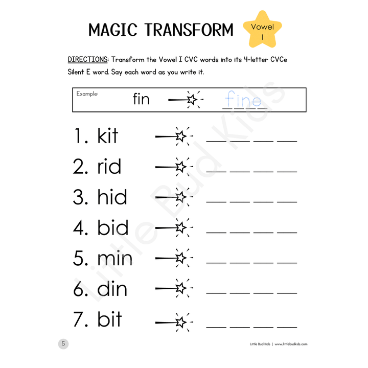Silent E phonics worksheet transforming CVC words with short I to CVCe words like bite, hide, and fine.