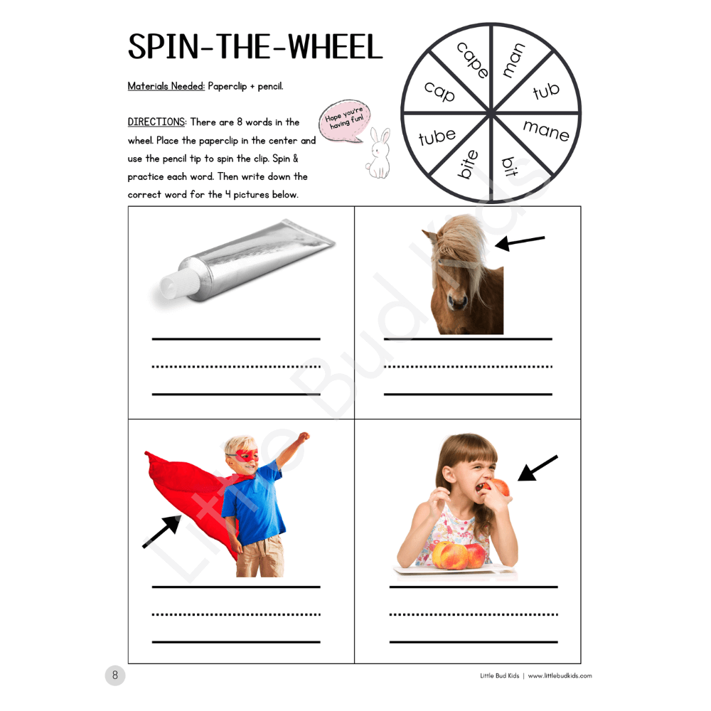 Spin-the-wheel phonics worksheet with CVC/CVCe word practice and picture matching for bite, cape, mane, and tube.