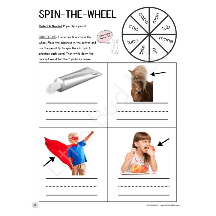 Spin-the-wheel phonics worksheet with CVC/CVCe word practice and picture matching for bite, cape, mane, and tube.