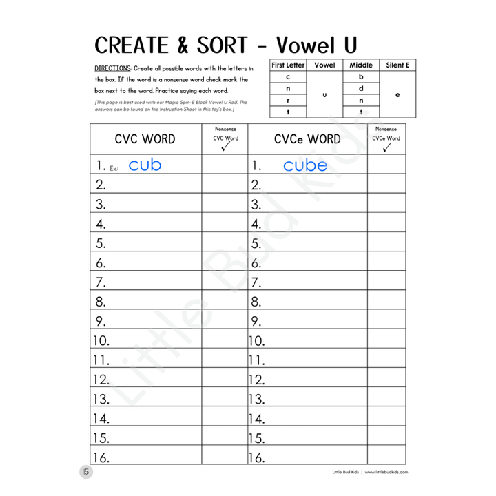 Silent E phonics worksheet sorting CVC and CVCe words with vowel U like cub and cube.