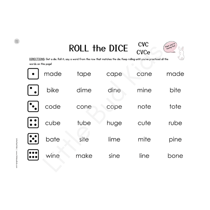 Dice-based phonics game practicing CVCe words like tape, cone, cube, and wine.