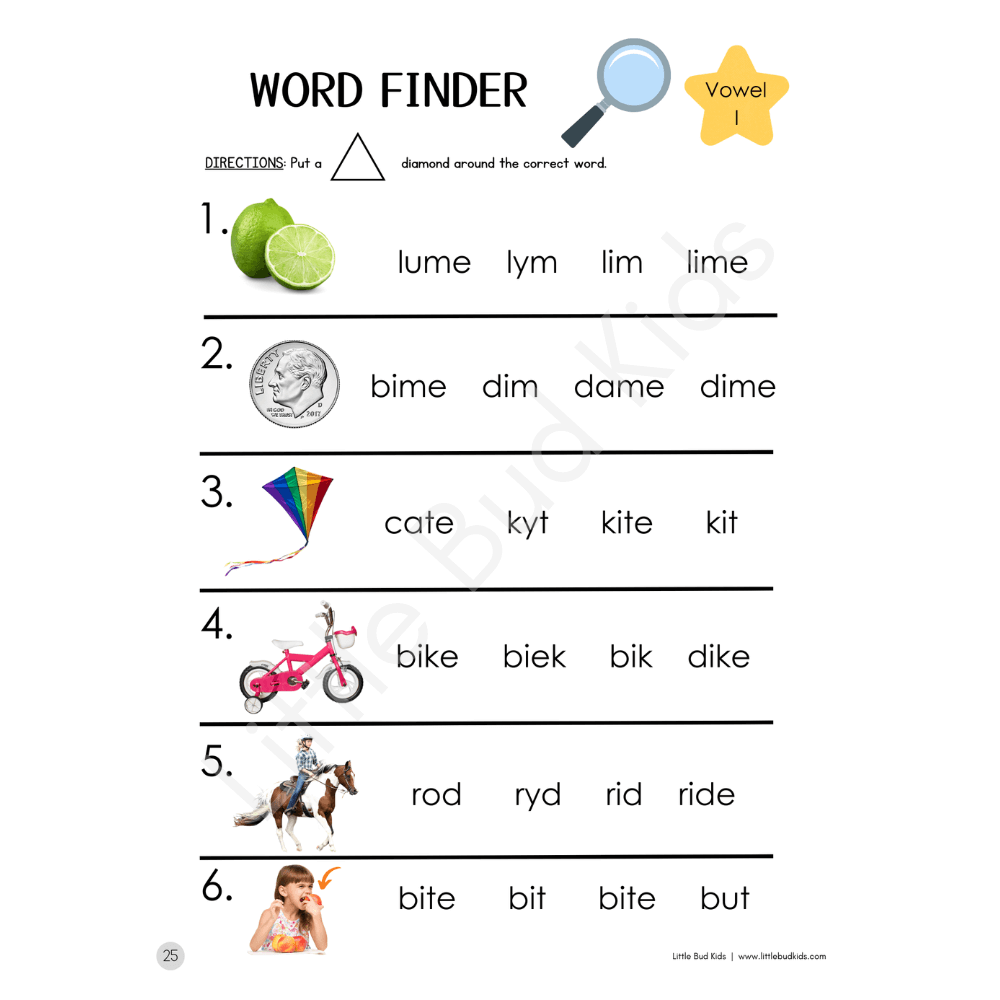 Picture-based phonics worksheet identifying vowel I words like lime, dime, kite, and bite.