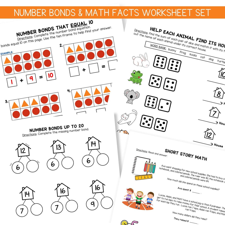 Little Bud Kids Number Bonds Math Facts Worksheet Set