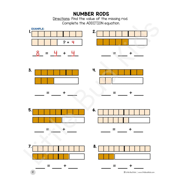 Little Bud Kids Number Bonds Math Facts Worksheet Set using Number Rods