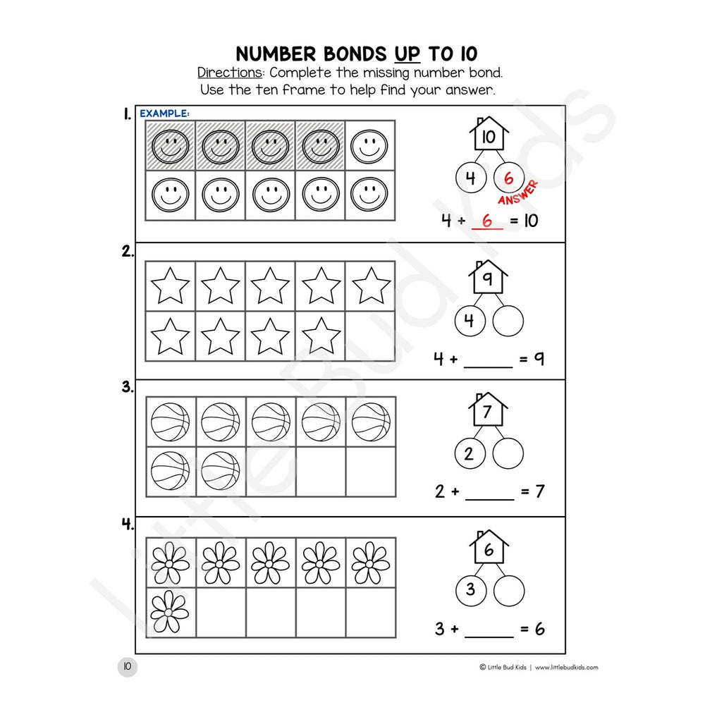 Little Bud Kids Number Bonds Math Facts Worksheet Set using Ten Frames