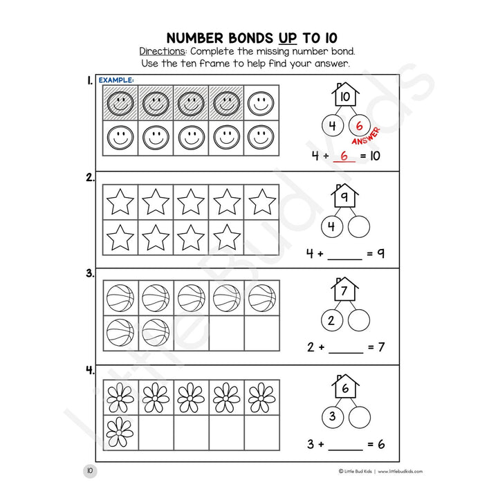 Little Bud Kids Number Bonds Math Facts Worksheet Set using Ten Frames