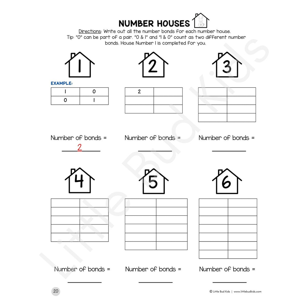 Little Bud Kids Number Bonds Math Facts Worksheet Set using Number Houses