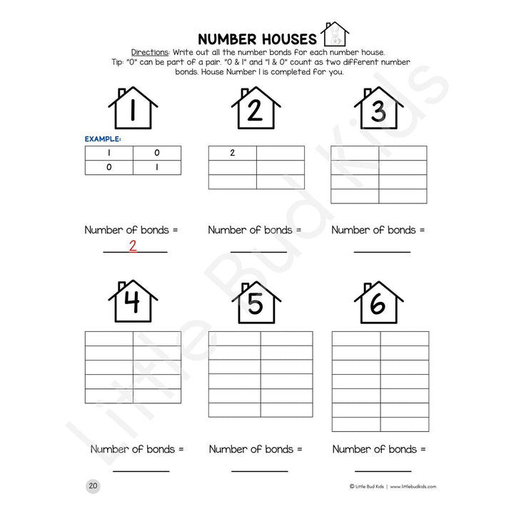 Little Bud Kids Number Bonds Math Facts Worksheet Set using Number Houses