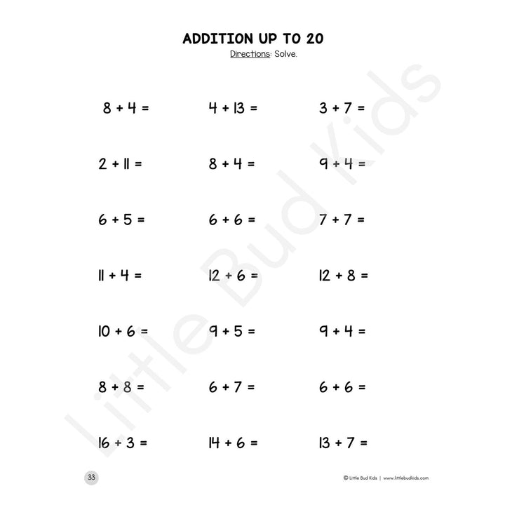 Little Bud Kids Number Bonds Math Facts Worksheet Set - Addition Up to 20