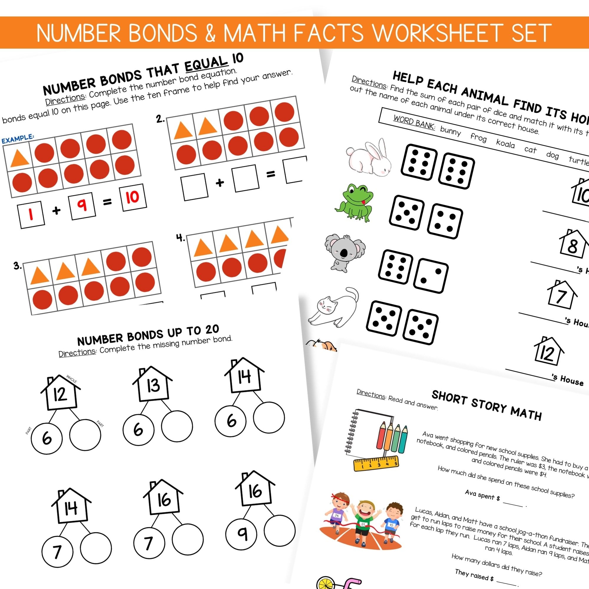 Little Bud Kids Number Bonds Math Worksheet Problems Download