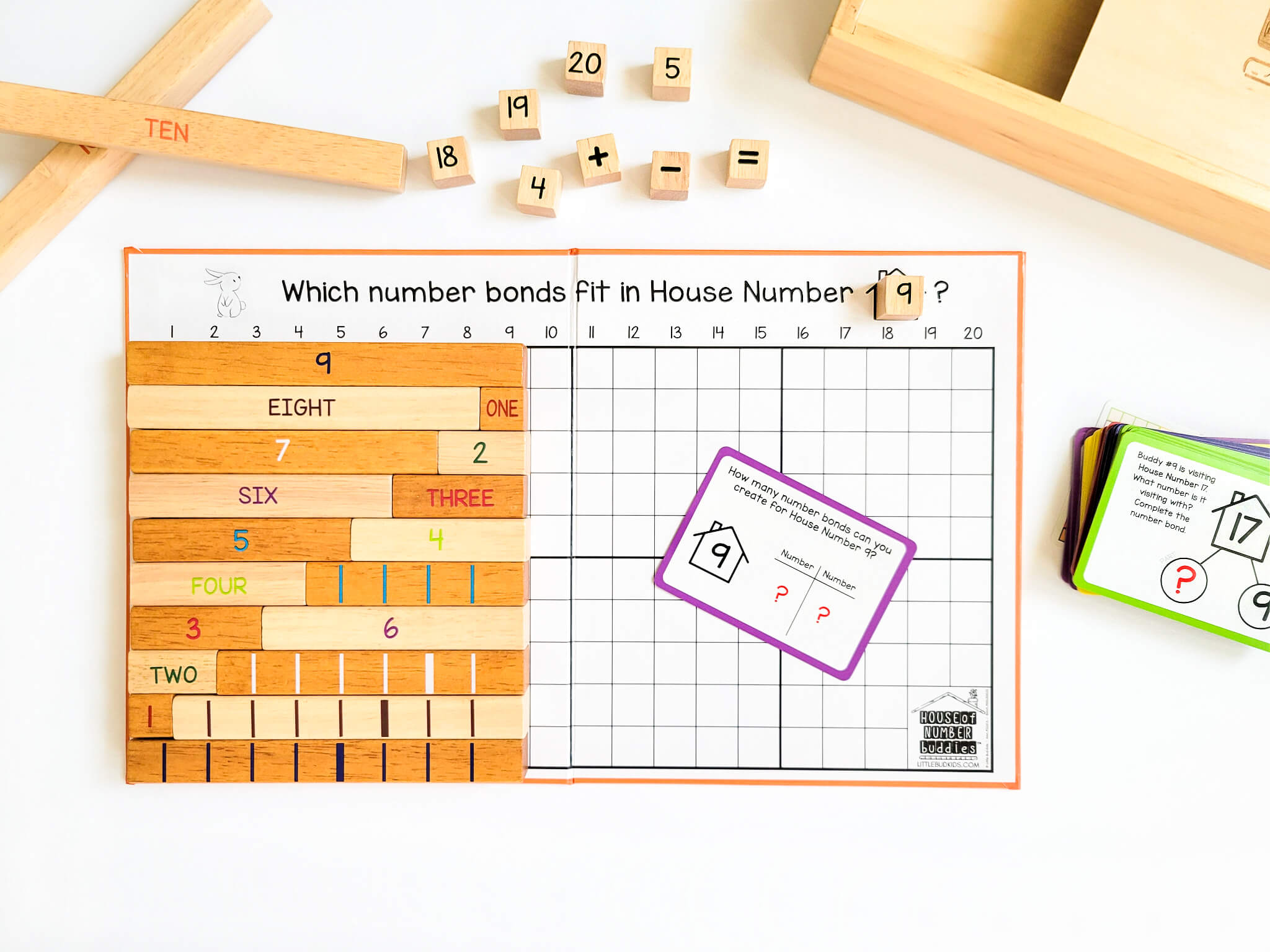 Little Bud Kids House of Number Buddies Wooden Numerical Rods for Addition & Subtraction with Addition Strip Board