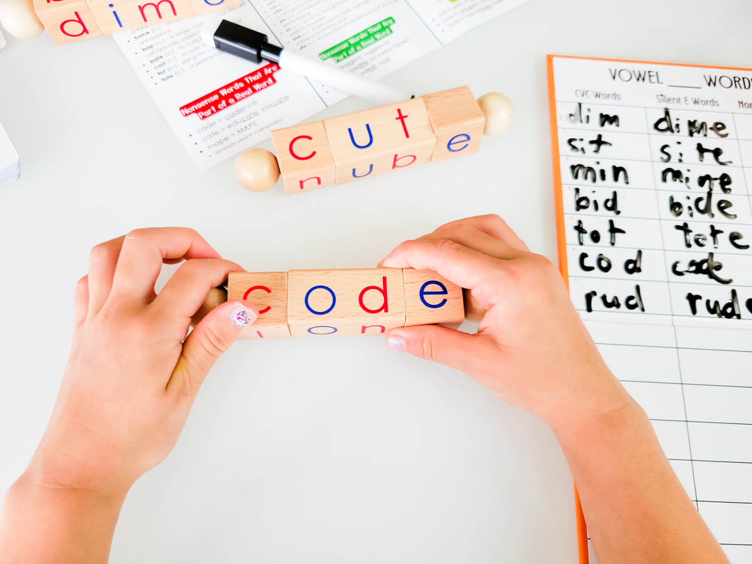 Hands-on phonics activity with CVC to CVCE word transformation blocks and worksheets teach silent E words like code, dime, and cute using interactive spelling tools and vowel word charts