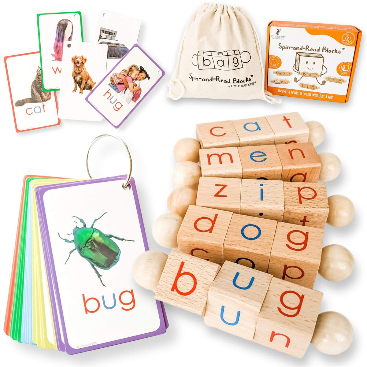 Spin-and-Read Phonetic Reading Blocks & CVC Flashcard Set || A Phonics Toy for the Beginner Reader - Little Bud Kids