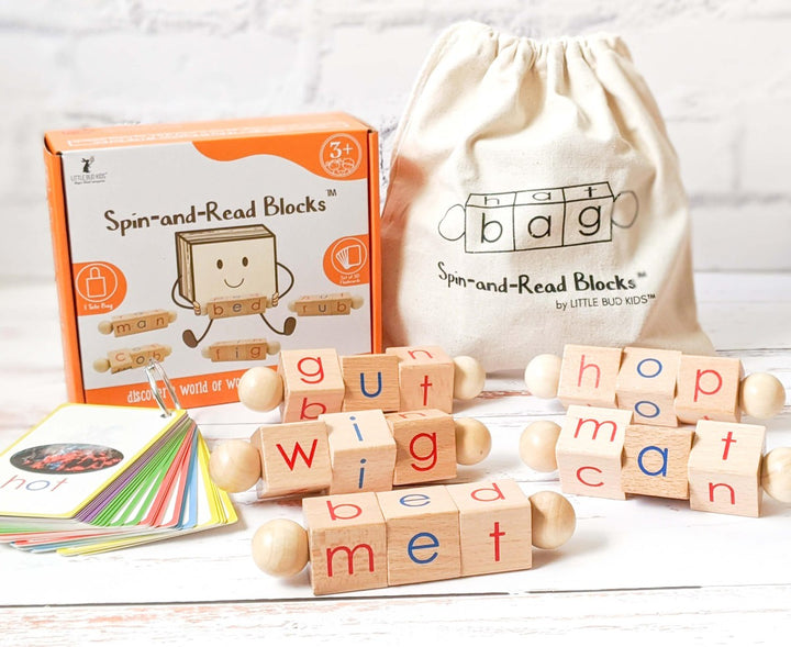 Spin-and-Read Phonetic Reading Blocks & CVC Flashcard Set || A Phonics Toy for the Beginner Reader - Little Bud Kids CVC Spinner Toy