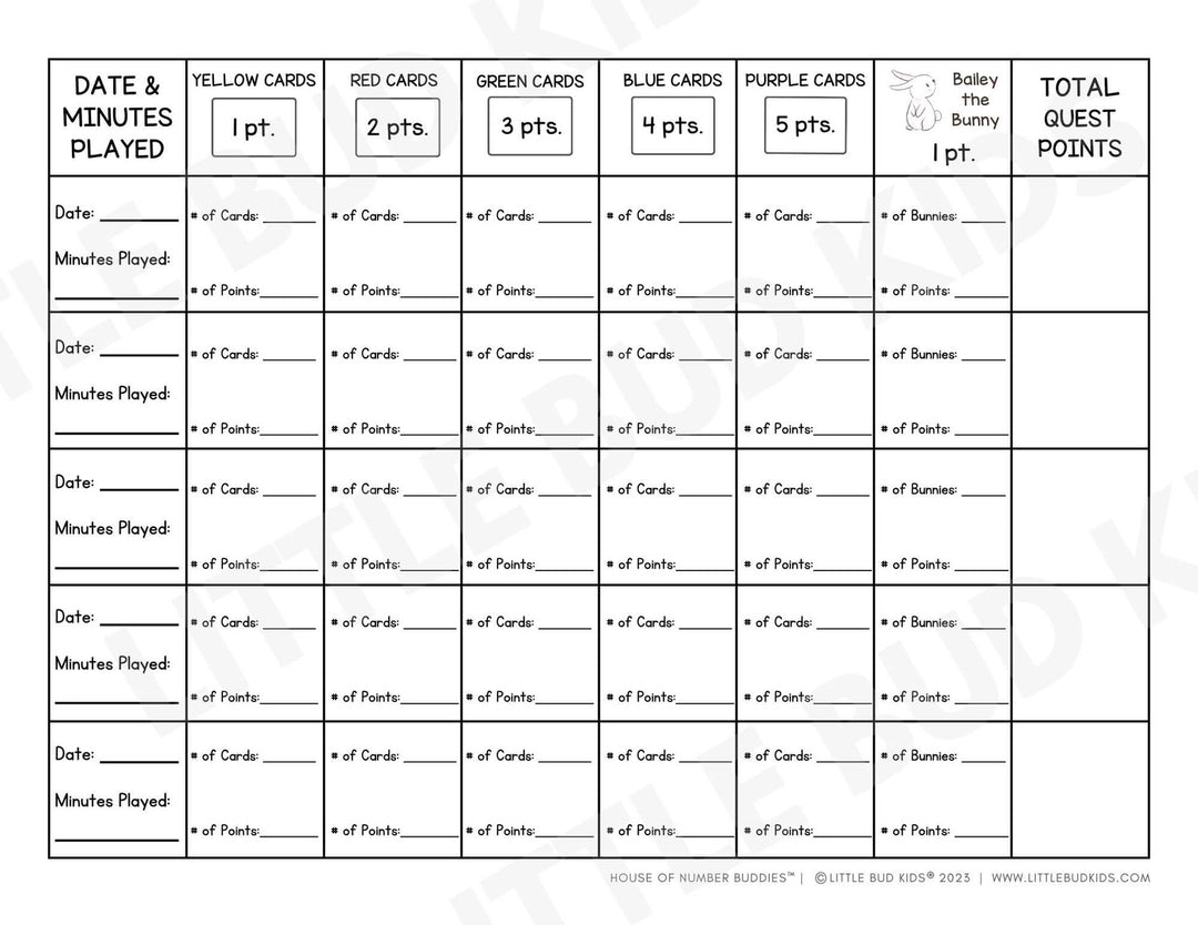 Number Bond Point Sheet Tracker for Little Bud Kids House of Number Buddies Math Toy for 4-8 year olds - Black & white version