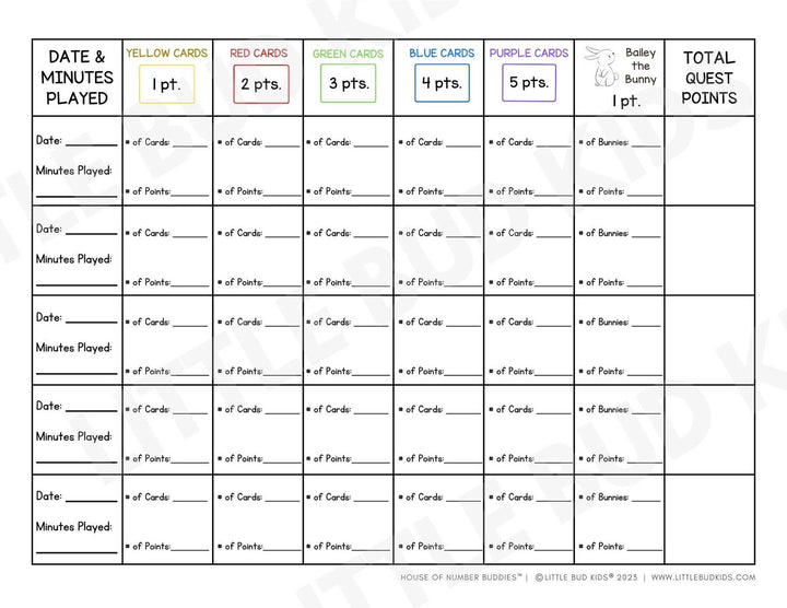 Number Bond Point Sheet Tracker for Little Bud Kids House of Number Buddies Math Toy for 4-8 year olds - color version